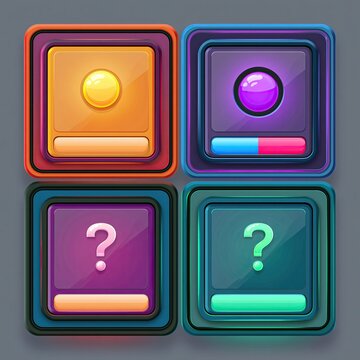 Colorful mobile game UI buttons. Interactive trivia quiz interface elements for app design.