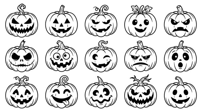 Halloween pumpkin faces set. Collection of spooky jack-o-lantern expressions for holiday design.