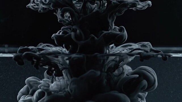 Black ink diffusing in clear water. Abstract liquid cloud dispersion in liquid. Dark fluid motion, underwater smoke effect and creative chemistry science concept.
