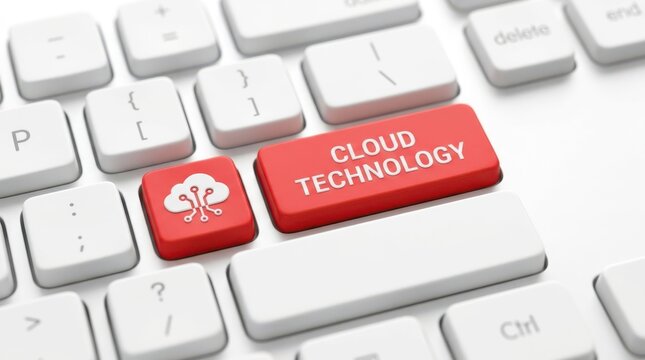 Professional keyboard focusing on red cloud technology key button surrounded by white computer input hardware keys.