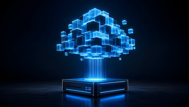 Futuristic server projecting a glowing blue cloud made of digital cubes representing block data storage and virtual computing.