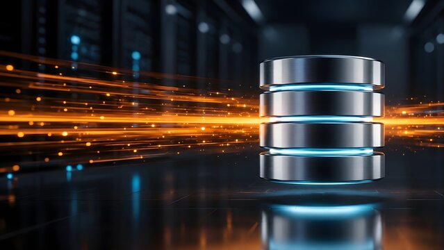 Futuristic metallic database server stack with glowing high speed light trails illustrating fast data processing and network transfer.
