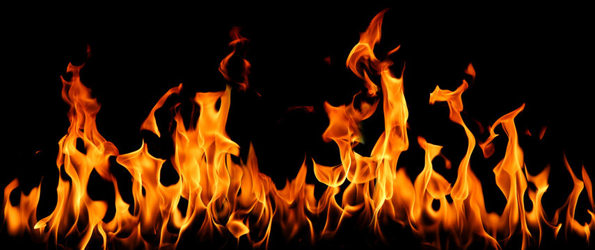 Realistic fire flames isolated on black background, featuring blazing orange fire for overlays, photo compositing, visual effects, motion graphics, heat energy and graphic design.