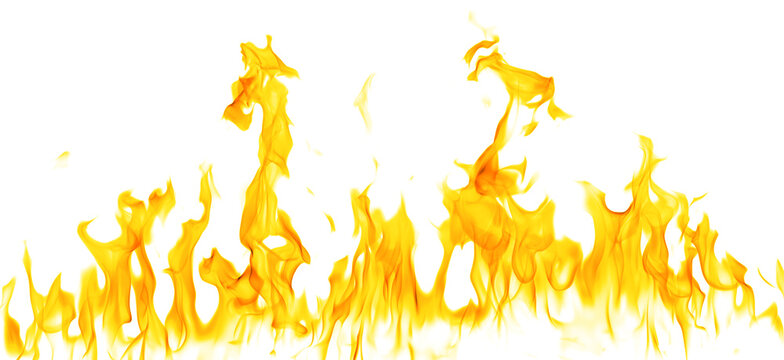Realistic fire flames isolated on white background, featuring blazing yellow fire for overlays, photo compositing, visual effects, motion graphics, heat energy and graphic design.