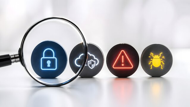 Magnifying glass inspecting blue glowing padlock security icon among cloud and malware warning symbols representing cybersecurity audit and data protection.