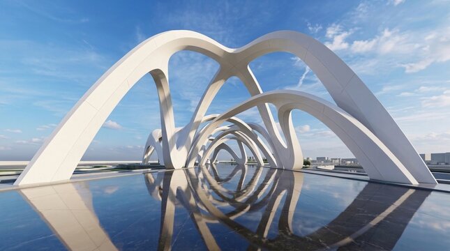 Sweeping white intersecting architectural arches over a reflective water pool beneath a bright blue sky.