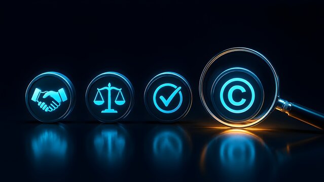 Magnifying glass analyzing glowing digital copyright symbol among legal and business icons representing intellectual property protection.