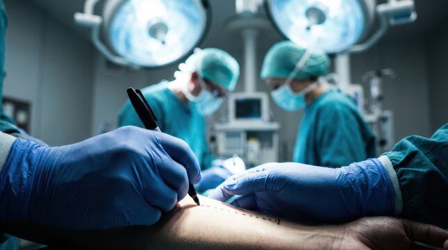 Surgeon preparing patient for surgical procedure by marking incision line on body in hospital operating theatre.