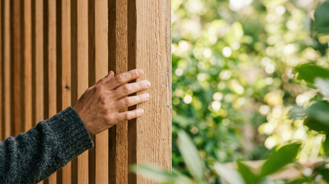 Human hand touching vertical wooden slats, outdoor natural light background, sustainable architecture and sensory connection.