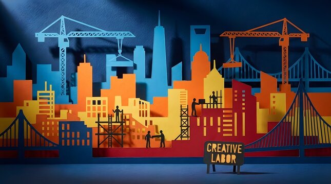 Colorful paper cutout construction site with workers building a city landscape