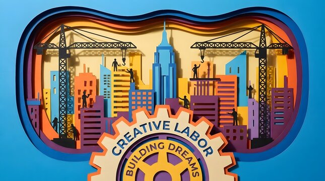 Colorful paper cutout construction site with workers building a city landscape