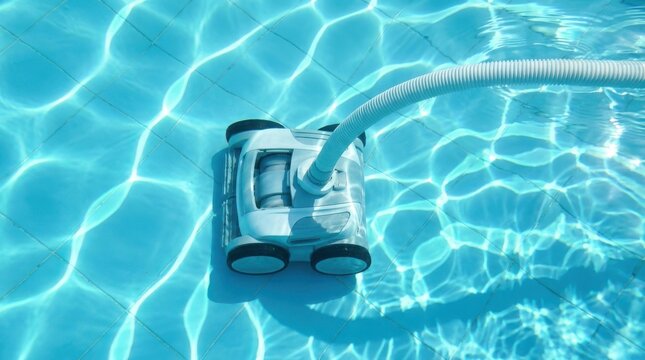 Underwater view of automatic pool cleaner removing debris from bottom of a blue tiled swimming pool.