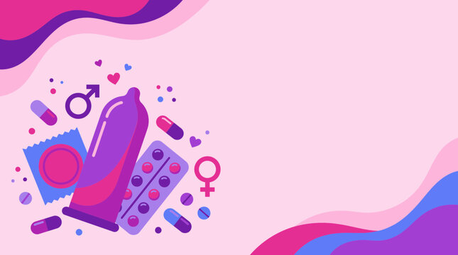 World Sexual Health Day background with condom, birth control pills, gender symbols, and copy space