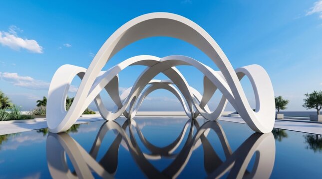 Abstract white architectural arches creating a modern pavilion reflected on a smooth water surface.