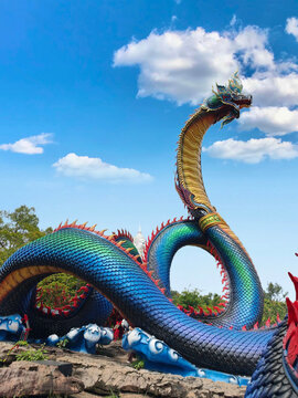 Giant Thai dragon serpent sculpture, sacred Naga statue in Thailand landmark