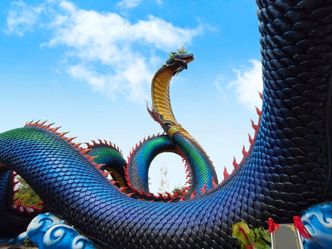 Giant Thai dragon serpent sculpture, sacred Naga statue in Thailand landmark