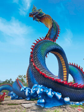 Giant Thai dragon serpent sculpture, sacred Naga statue in Thailand landmark