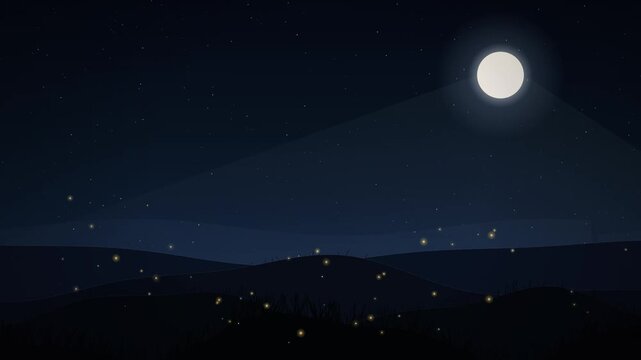 Moonlit Meadow Landscape Background with Fireflies, Full Moon, Mist, Cinematic Night Nature Loop Animation