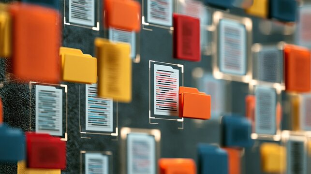 Digital data organization with colorful files in a structured grid