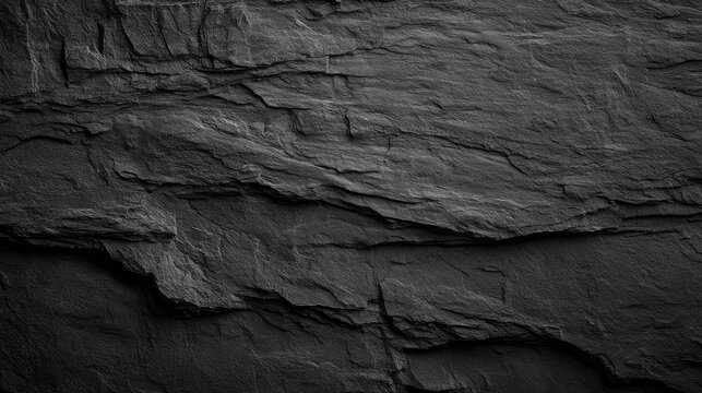 Close-up of dark, textured, layered natural stone with rugged, shadowed surface