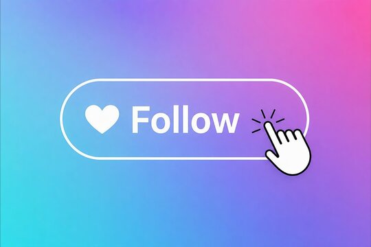 Follow button with heart icon being clicked by white hand on colorful gradient background
