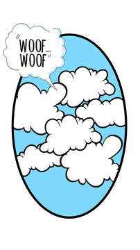 Comic style sky background with speech bubble saying woof woof