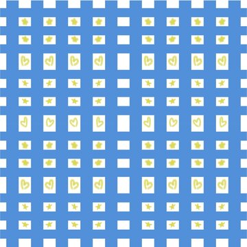 Blue Gingham Pattern with Hand Drawn Star and Heart Doodle, Colorful Kids Checkered Seamless Background