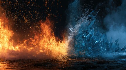 Fototapeta premium Intense clash of fiery flames against a frozen, watery expanse, creating smoke and mist