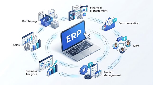 Enterprise Resource Planning ERP System Isometric Concept with Integrated Business Management Modules