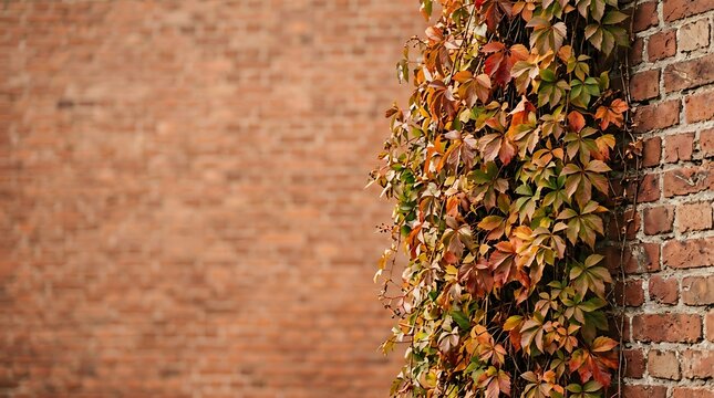 Autumn vine leaves growing on a rustic red brick wall