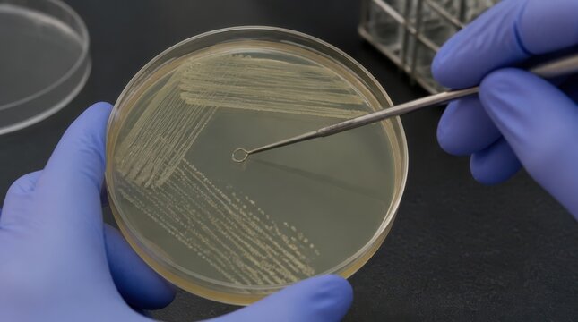 Antimicrobial resistance testing concepts. Scientist examining bacterial culture on agar plate with inoculation loop