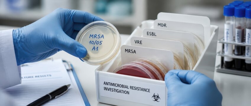 Antimicrobial resistance testing concepts. Scientific analysis of antimicrobial resistance using petri dish and laboratory tools
