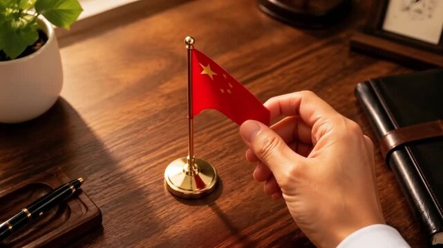 Hand placing small Chinese flag on wooden desk with plant  