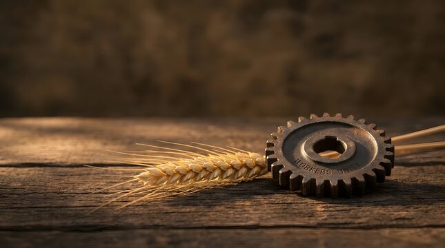 Metal gear and golden wheat ear on wooden table symbolizing modern agriculture and farming industry