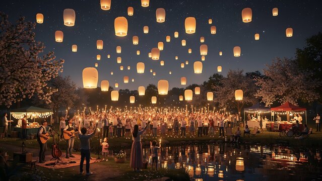 People releasing glowing floating paper lanterns at an evening outdoor festival
