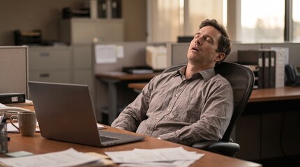 Fototapeta premium A businessman slumps over his desk in exhaustion, laptop open, papers scattered, capturing the relentless pressure and fatigue of the modern workday.