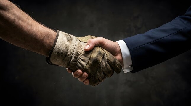 Handshake between a manual worker in a dirty glove and a businessman in a suit