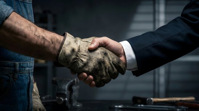 Handshake between a manual worker in a dirty glove and a businessman in a suit