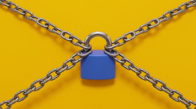 security padlocks concept 3D render of a blue padlock secured by heavy metal chains on a vibrant yellow background