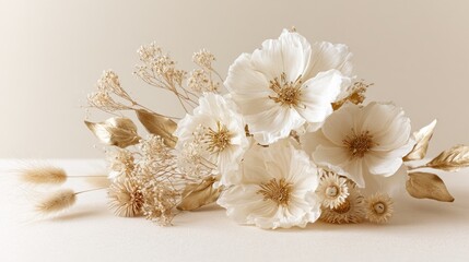 Obraz premium Delicate floral arrangement with golden leaves and dried accents
