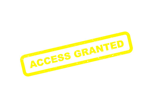 Bright yellow rubber stamp with the text access granted in a tilted rectangle isolated on transparent background