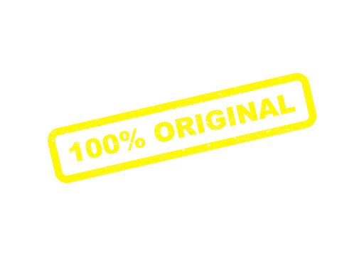 Yellow 100 percent original stamp design with a rectangular textured frame isolated on transparent background