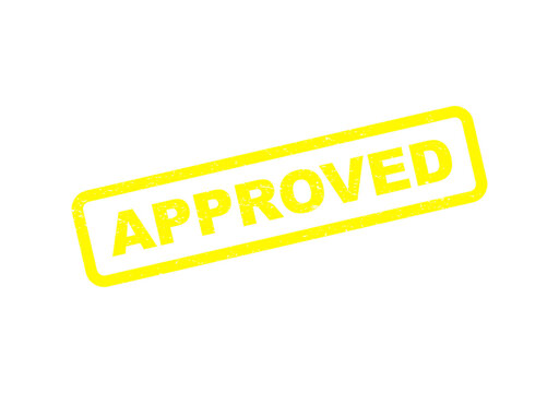 Yellow approved rubber stamp sign with a vintage distressed ink texture effect isolated on transparent background
