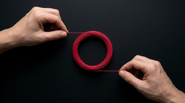Two hands holding a taut red string that forms a perfect circular coil on a dark black background, creating a minimalist and symbolic composition.