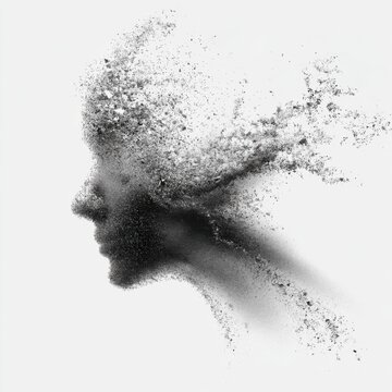 Surreal Profile Portrait of Human Face Disintegrating into Dust Particles on Isolated Background