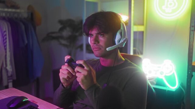 Man holding game controller with hands on buttons, wearing headset at computer desk in studio lit by neon controller sign and clothes rack; concentration.