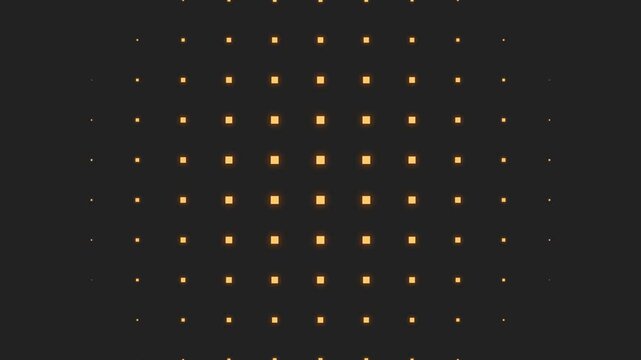 Golden glowing square grid pattern expanding and scaling on a dark black background