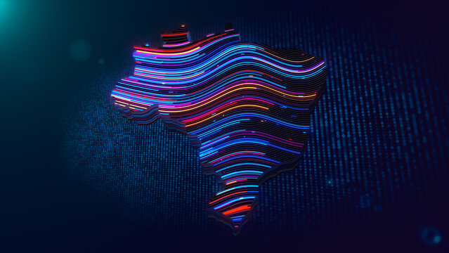 Futuristic abstract background featuring a glowing 3D extruded Brazil map with colorful wavy line textures, particle grid, depth of field, bokeh, and vibrant neon lighting effects.