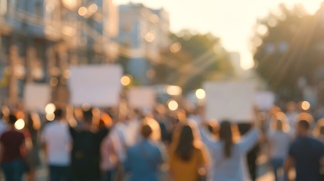 Blurred crowd of people protesting together with empty signs on a city street