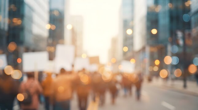 Blurred crowd of people protesting together with empty signs on a city street